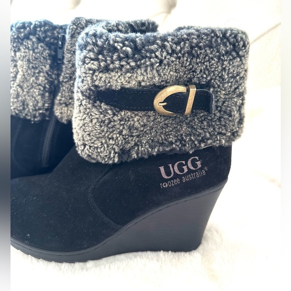 UGG Black and Gray Fur Cuff Wedges - Picture 1 of 14